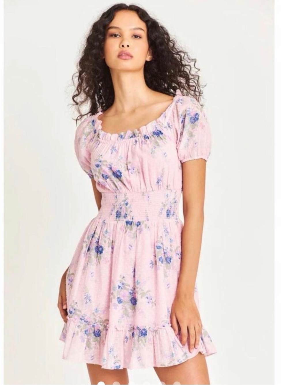 LoveShackFancy Pink and Blue Floral Smocked Mini Dress